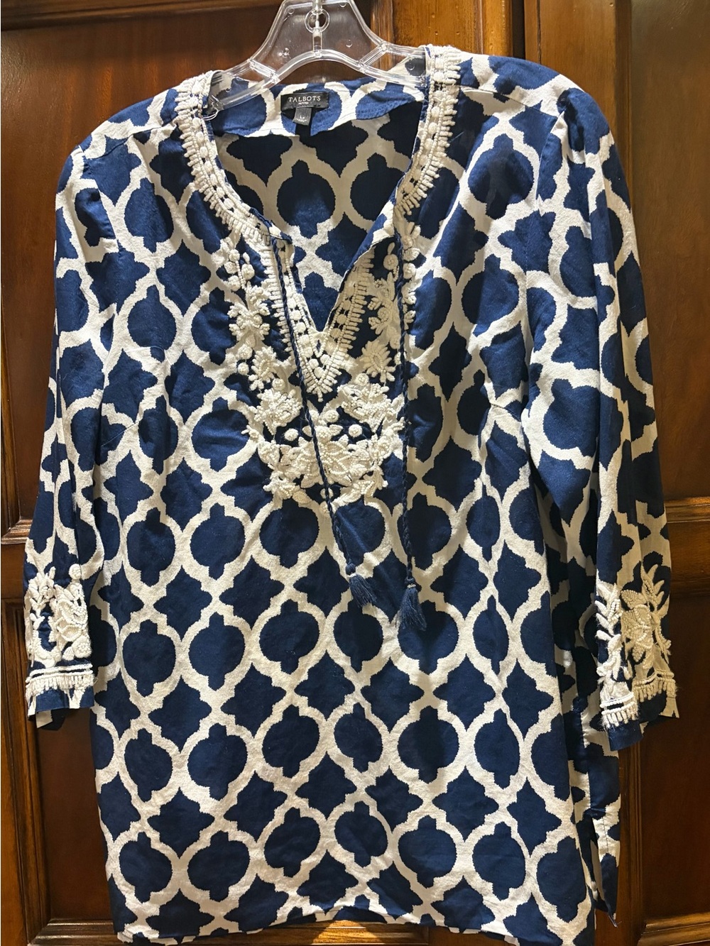 Talbots Navy and White Patterned Tunic Top